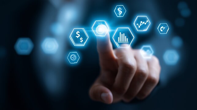 Finger tapping a virtual interface with icons of finance, charts, and stock market trends, blue neon background