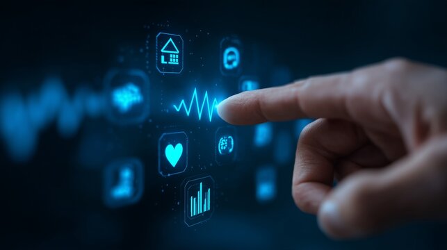 Finger tapping a virtual interface with icons of finance, charts, and stock market trends, blue neon background