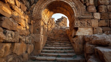 Fototapeta premium Ancient Stone Ruins with Arch and Stairs