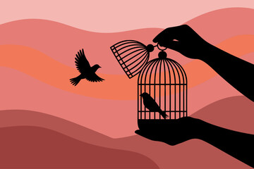 Fototapeta premium Bird cage open hands release a bird another flies free. Symbolizing freedom, liberation, letting go, new beginnings, nature, environmental concepts. Suitable for illustrations, designs, ecofriendly co