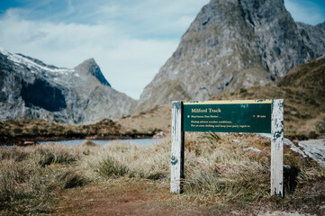 Course Sign in the Milford Track, Fiordland National Park, New Zealand