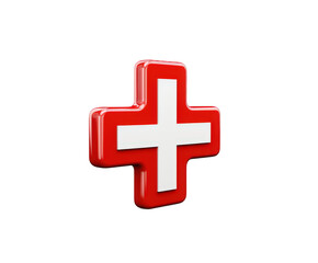 A glossy red and white medical cross symbol, isolated on transparent background