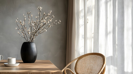 A refined Easter breakfast setup featuring a wooden dining table, a rattan chair, and a black sculptural vase with soft willow branches