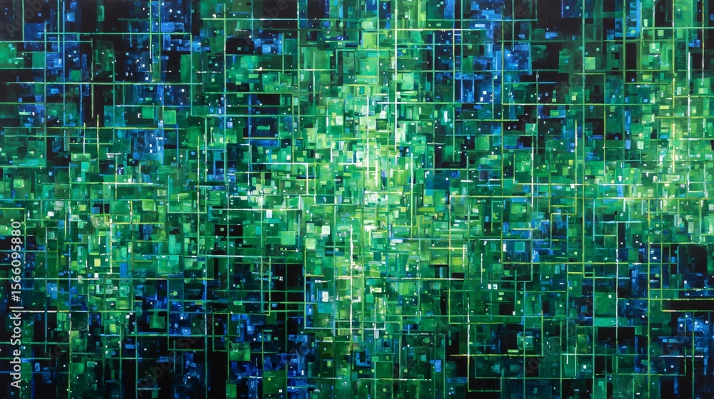 Poster abstract painting featuring luminous green and blue hues in overlapping rectangular patterns