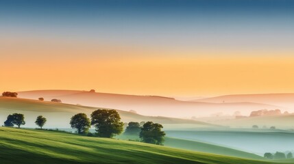 Fototapeta premium Serene landscape at dawn with rolling hills, misty valleys, and vibrant sunrise colors