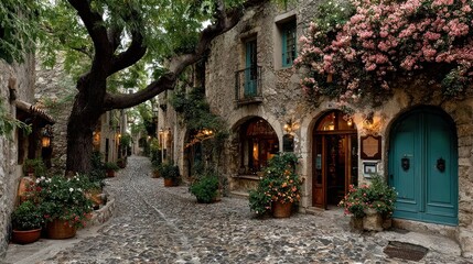 Fototapeta premium Quaint European alleyway with old stone buildings and blossoming flowers