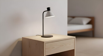 A minimalist wooden bedside table with a small lamp, placed neatly on bedroom
