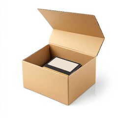 Open cardboard box displaying a black object inside on a white isolated background.
