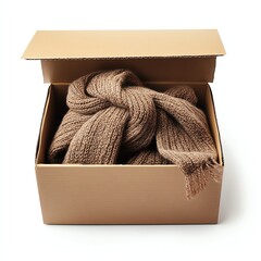 Cozy knitted scarf neatly packed in a brown cardboard box.