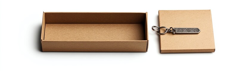 Brown paper boxes on white background, one open, one closed with keychain.