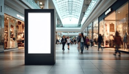 A blank vertical digital advertising display stands in the center of a busy, modern shopping mall with people walking past stores.