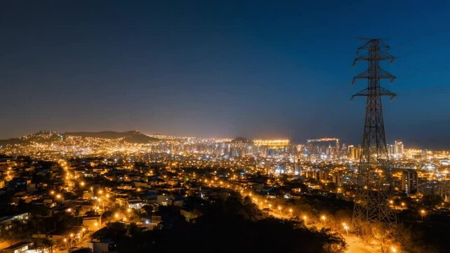 Blackout in Spain and Portugal shows dark cityscape with electricity pylon European energy crisis Power outage and infrastructure vulnerability at night Power outage concept Metropolit
