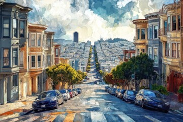 Fototapeta premium Vibrant street view of San Francisco showcasing steep hills and classic architecture, Street in San Francisco