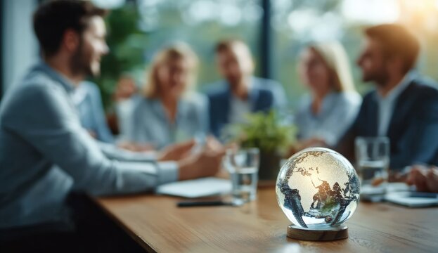 A group of professionals in a meeting, focusing on a glass globe centerpiece on the table symbolizing global business and collaboration.