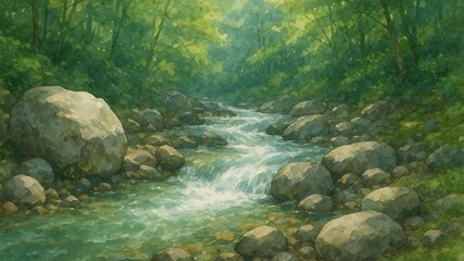 Fototapeta premium 岩場を流れる夏の渓流風景