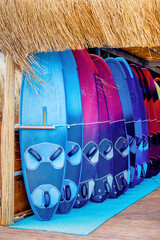 Many colorful surfboards are stored under a straw roof, ready for surfers to use them in the ocean