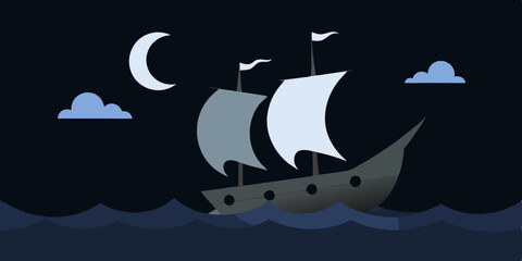 A Ghost Ship With Torn Sails Sailing Under A Moonlit Sky