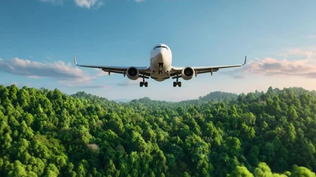 Eco-friendly plane flies above green trees Sustainable travel concept Clean energy aviation in nature Future eco-friendly transportation Airliner in sky Natural scenery Modern clean