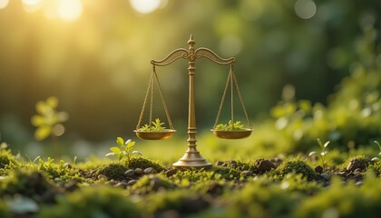 Balancing nature s future A golden scale with delicate sprouts showing justice and growth in golden, 