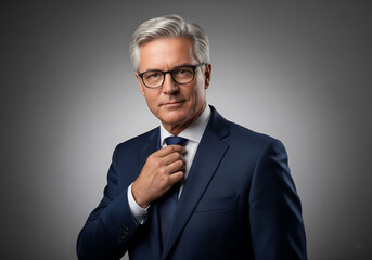 Confident Senior Businessman Adjusting His Tie with a Serious Expression

