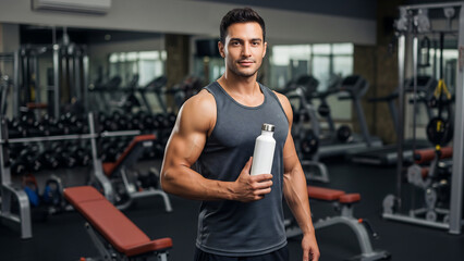 Athletic trainer holding white bottle with blank label, ideal for sports drink or supplement mockup