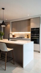 Modern Minimalist Kitchen Design Sleek Integrated Appliances, Quartz Countertops, and Large Island with Pendant Lighting