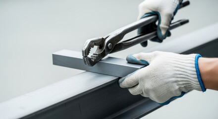 Worker wearing protective gloves using pliers to hold and adjust metal beam in industrial setting precise manual labor for metalwork and fabrication or construction project
