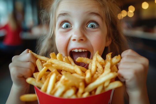 Naklejki Joyful girl delighting in a big bucket of french fries at a casual dining spot, Funny girl kid enjoy eating french fries potatoes making faces in fast food restaurant