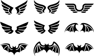 Wing and bat icon set, superhero symbol, fantasy element, flying badge, vector collection