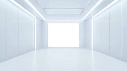 Modern Minimalist Video Production Studio Background, Clean White Walls with Soft Geometric Patterns, LED Lighting, Virtual Meeting Space, High-Tech Atmosphere