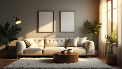 Modern living room with a plush white sofa warm floor lamp and two empty picture frames on a gray wall