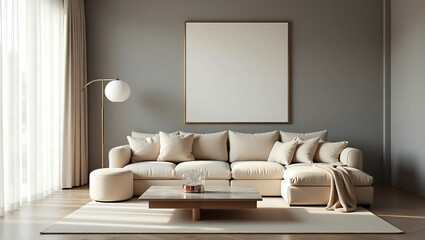 Modern living room with a plush sectional sofa a marble coffee table and a blank canvas on a gray wall