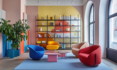 colorful modern interior, modular shelving, bold chairs, Hay furniture 2025 collection