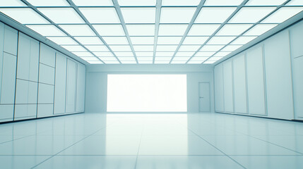 Modern Minimalist Video Production Studio Background, Clean White Walls with Soft Geometric Patterns, LED Lighting, Virtual Meeting Space, High-Tech Atmosphere