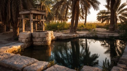 Ancient Stone Well Oasis at Sunset
