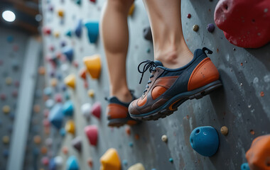 Close Up of Climber Feet on Indoor Climbing Wall