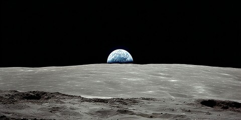 View of the moon surface by apollo astronaut with earth rise on horizon Generated image