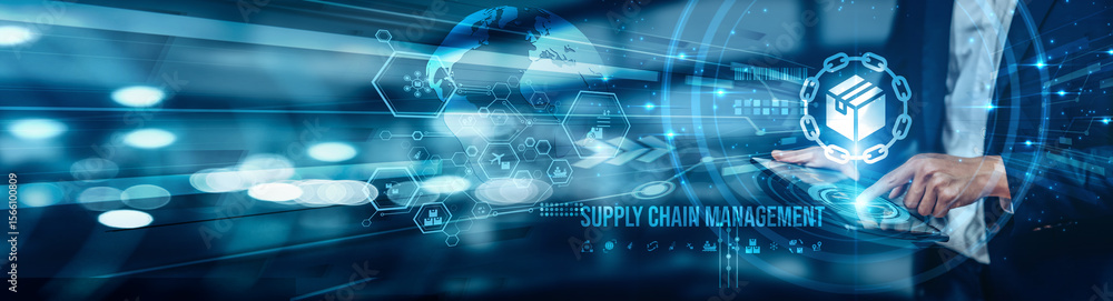 Aufkleber a businessman using a tablet is analyzing supply chain management by tracking key kpis such as on-ti