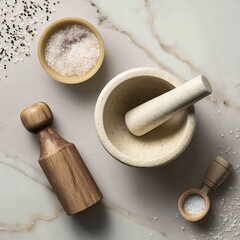 Mortar and Pestle with Spices and Salt on Marble