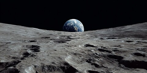 View of the moon surface by apollo astronaut with earth rise on horizon Generated image