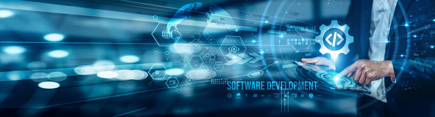 Businessman using tablet analyzing Software Development trends, coding performance, agile metrics,...