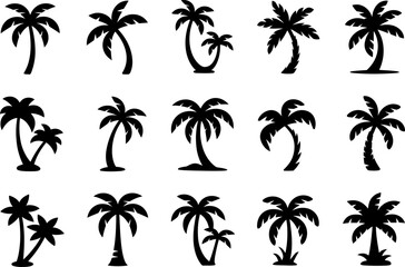 Fototapeta premium Palm tree silhouette set, tropical plant, summer beach icon, exotic vacation, vector graphic collection