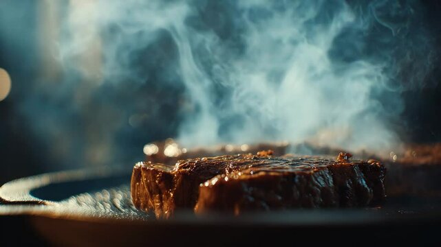 Close up of a sizzling steak on a dark cast iron skillet, emitting blueish grey smoke against a moody dark background. The meat is brown and glistening.