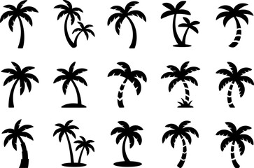 Fototapeta premium Palm tree and sun icon set, tropical beach, summer holiday, exotic plant, vector graphic collection