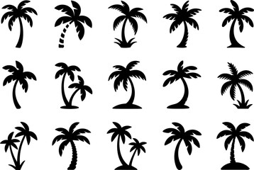 Palm tree and wave icon set, tropical coast, summer breeze, beach holiday, vector graphic elements