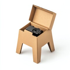 Cardboard box designed as stool with camera inside, white isolate background.