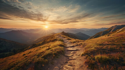 A scenic mountain landscape during golden sunset or sunrise. A winding hiking trail leads into the distance, surrounded by peaceful nature and glowing warm tones. Include a wide-angle view with soft 