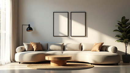 Modern living room with a curved sectional sofa round coffee table floor lamp and a large plant bathed in natural light