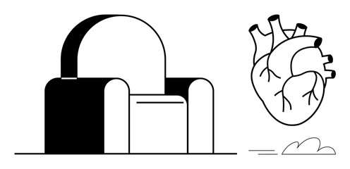 Modern armchair and anatomical heart in contrast black and white design. Ideal for healthcare, self-care, wellness, comfort, relaxation, anatomy, and design concepts offering a simple flat metaphor