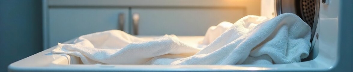 Crisp, clean linens emerge from a modern washing machine, still slightly damp, representing freshness and cleanliness , hygienic, linen